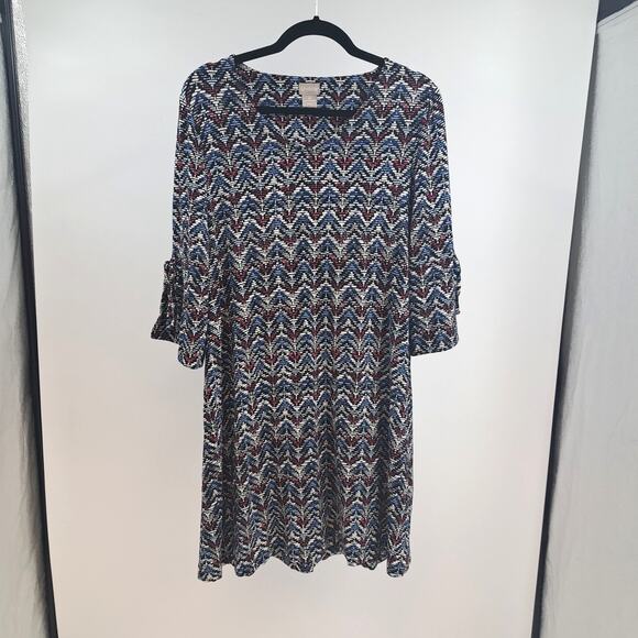 Chico's Dress‎ M Petite 1P MP Printed 3/4 Sleeve Detail Trapeze V-Neck Blue Pink - Picture 3 of 9